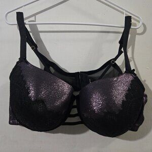 Cacique Women's Bra Balconette 46 DD Underwire Shiny Purple Lace Overlay